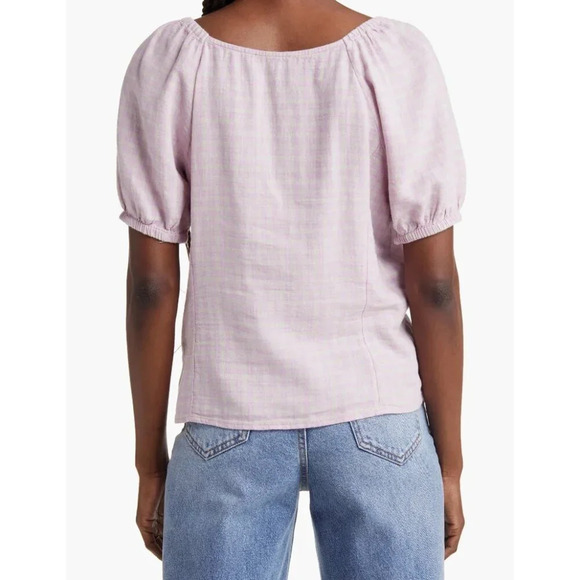 Madewell Pink Plaid Linen Blend Puff Sleeve Summer Top Blouse 3X - Picture 2 of 10